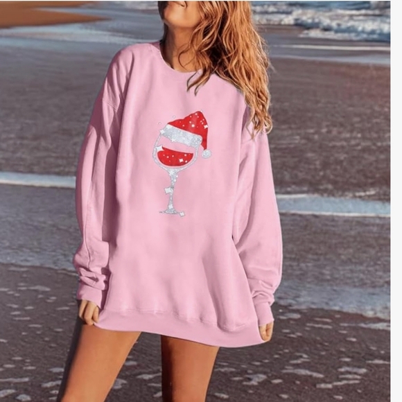 Pink Santa Wine Glass Sweatshirt New - Picture 4 of 15